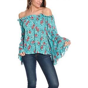 Panhandle Western Boho Peasant Blouse Top Shirt Turquoise Floral S Off-Shoulder